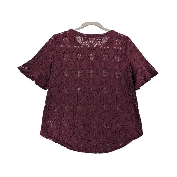 LOFT Sheer Lace Blouse XS Burgundy Red Shirt Bell Short Sleeves Designer Flowy - Picture 2 of 7